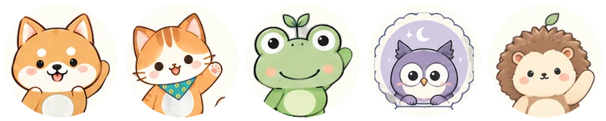 Five Nugget Hills friends: Biscuit the shiba, Oyen the orange cat, Matcha the frog, Nori the owl and Pebble the hedgehog