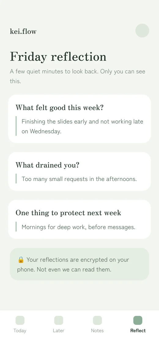 Early design of a Friday reflection with three gentle questions