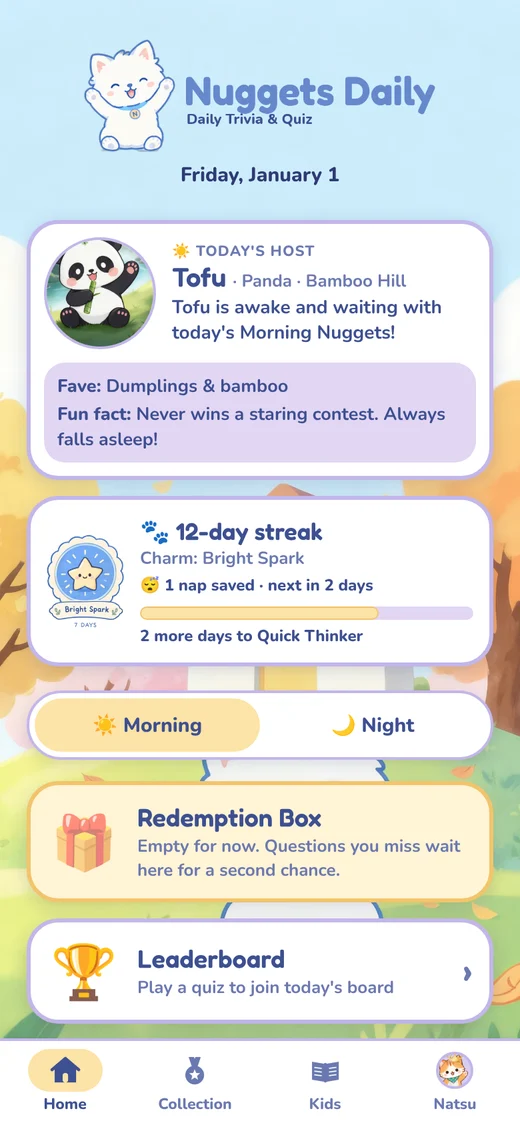 The Nuggets Daily home screen: today’s host Tofu, a 12-day streak, and the morning and night quizzes