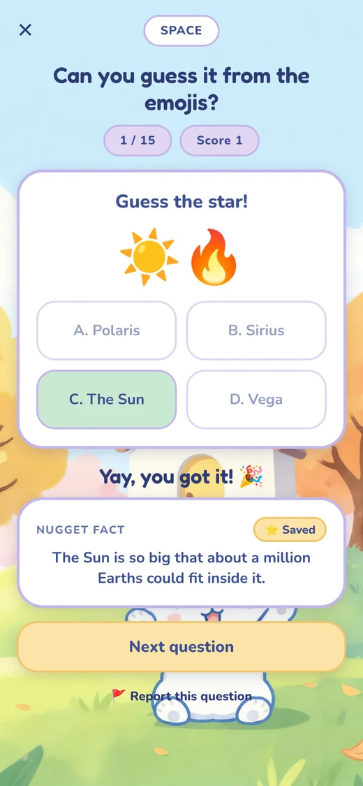 A quiz question answered correctly, with a Nugget Fact saved to the Fact Journal