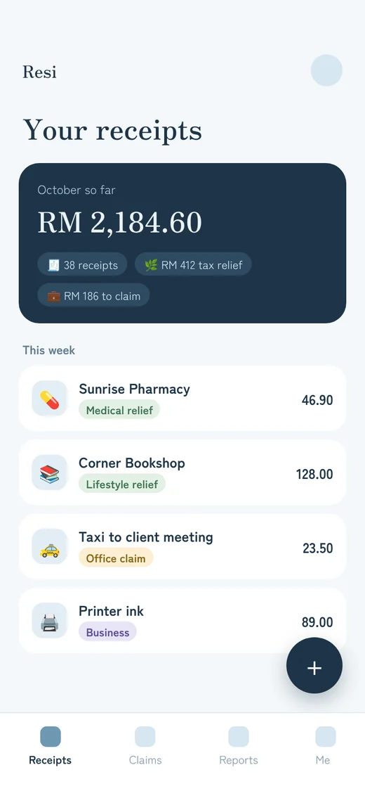 Early design of the Resi home screen: this month’s spending and receipts tagged for tax relief, office claims and business