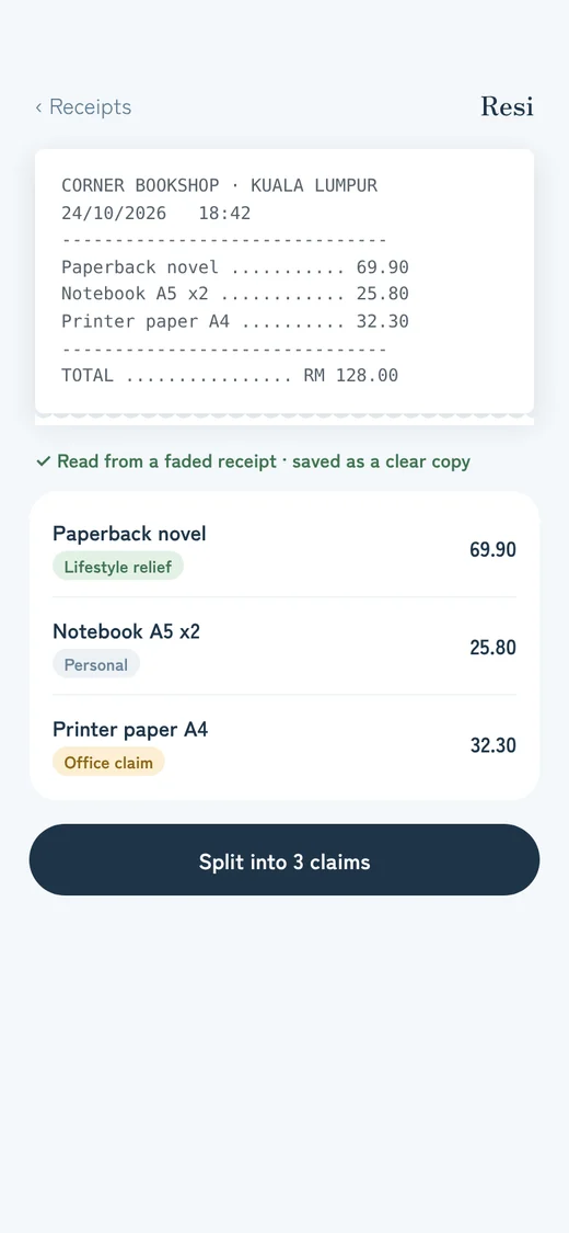 Early design of a scanned receipt split into tax relief, personal and office claim items