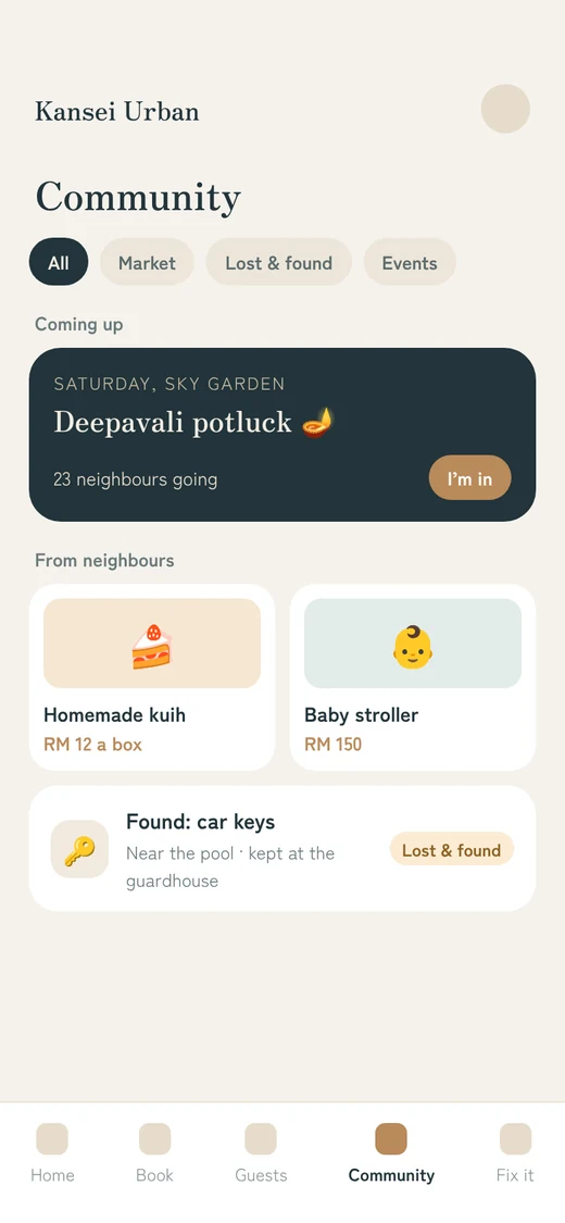 Early design of the community screen: a neighbourhood potluck, items from neighbours and a lost and found post