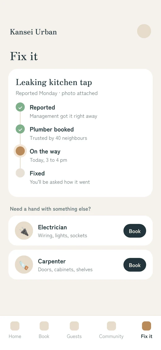 Early design of a repair request being tracked from reported to fixed, with handymen to book