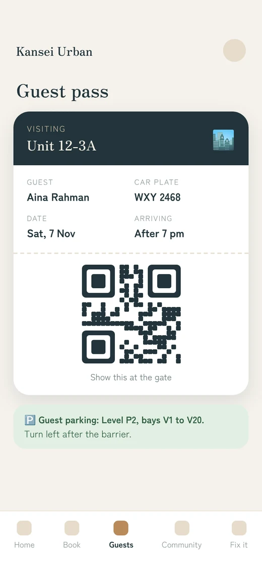 Early design of a guest pass with the visitor’s name, car plate, a code to show at the gate and guest parking directions