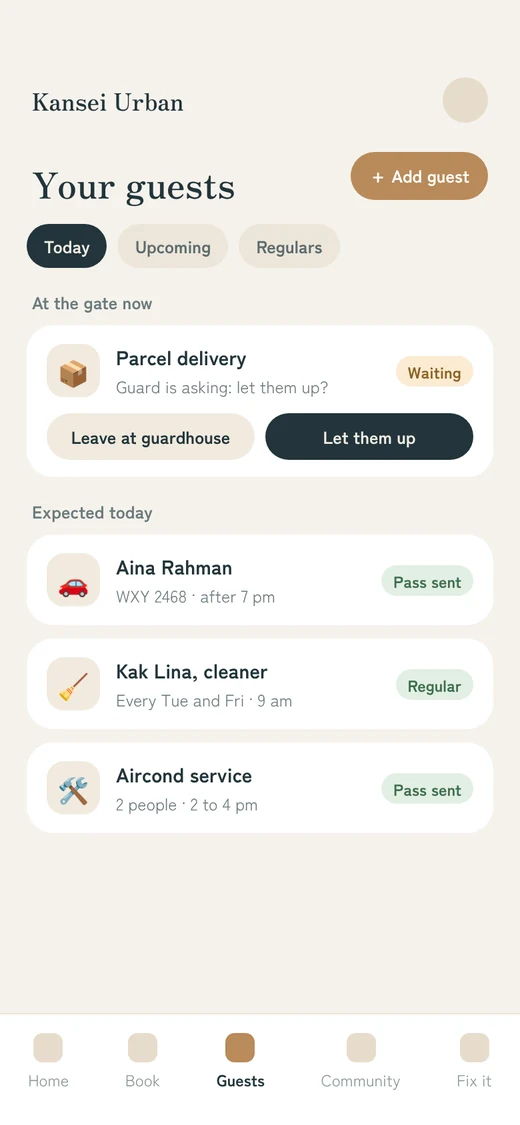 Early design of the guests screen: approving a delivery waiting at the gate, and today’s expected visitors and regulars
