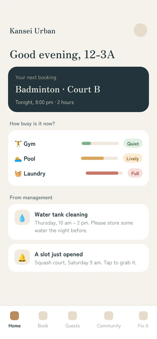 Early design of the Kansei Urban home screen: your next facility booking, how busy the gym, pool and laundry are right now, and notices from management